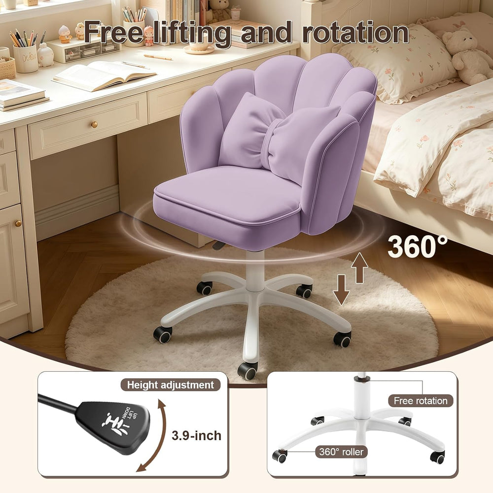Petal Desk Chair with Bow Cushion Velvet Vanity Chair with Wheels, Upholstere...
