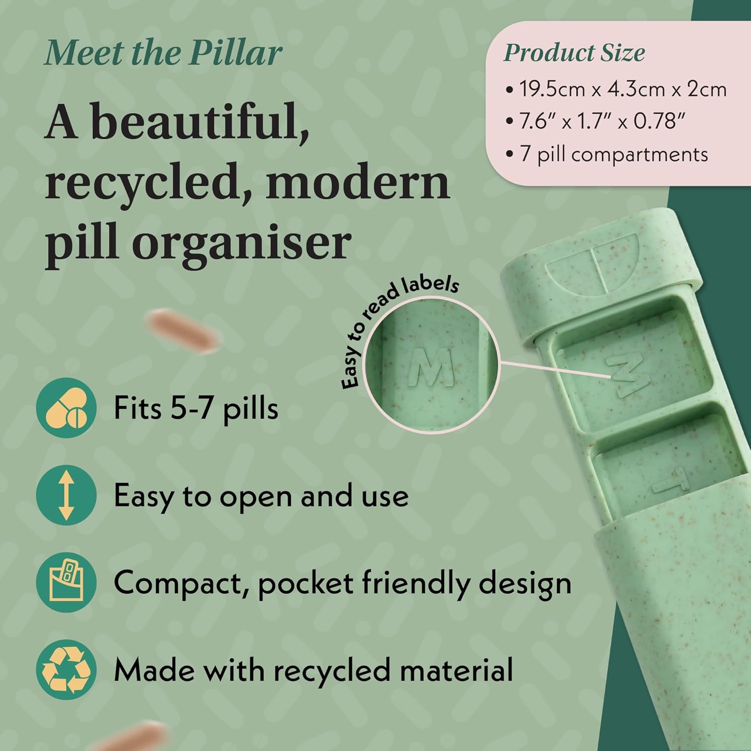 Pillar - 7-Day Pill Organizer | Weekly Medicine Pill Container Travel Box - Aesthetic Medication Holder - Stylish Travel Pill Case - Cute Small Medication Organizer 7 Day for Women (Sage Green)