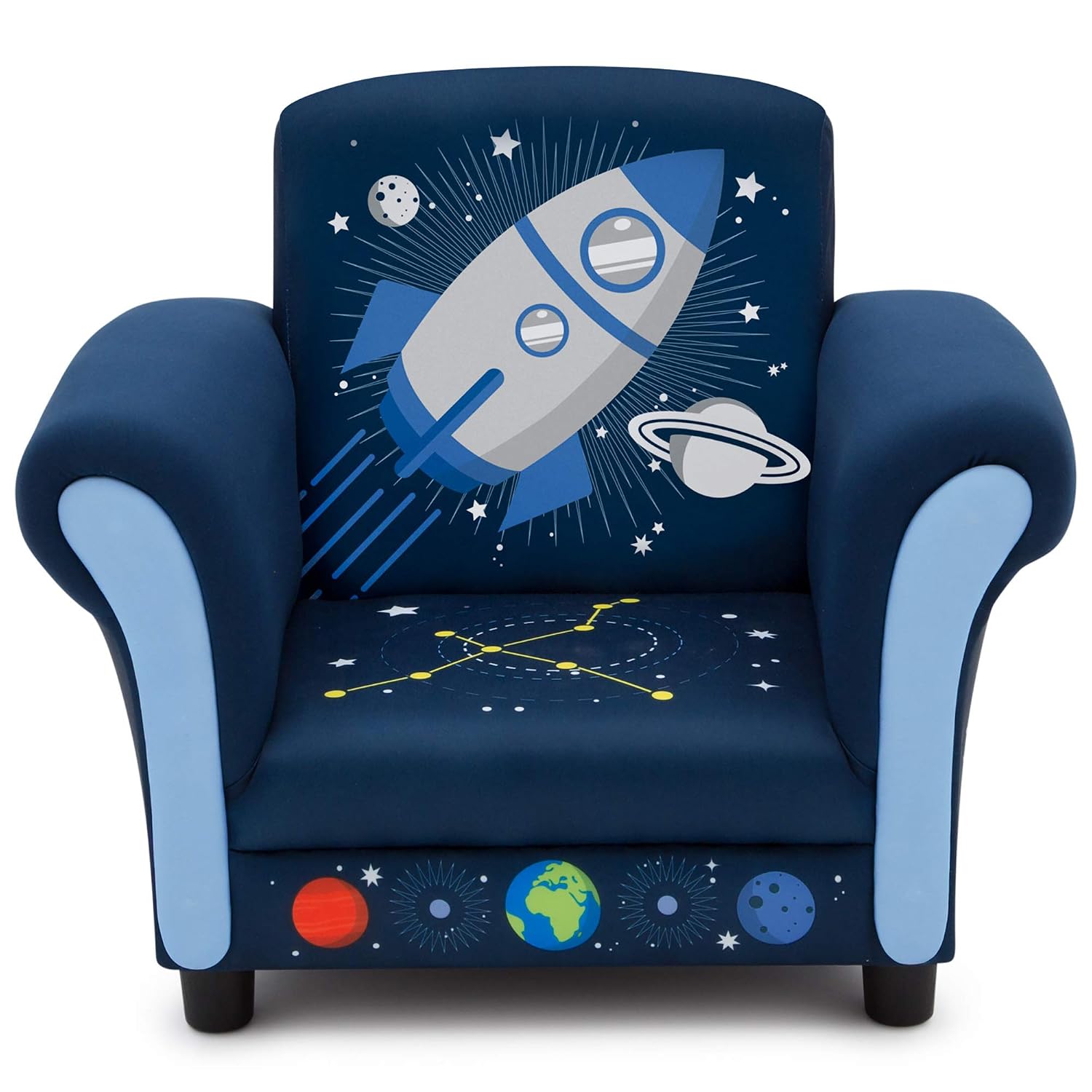 Delta Children Space Adventures Rocket Ship Wood Toddler Bed - Greenguard Gold Certified, Blue & Space Adventures Kids Upholstered Chair, Blue