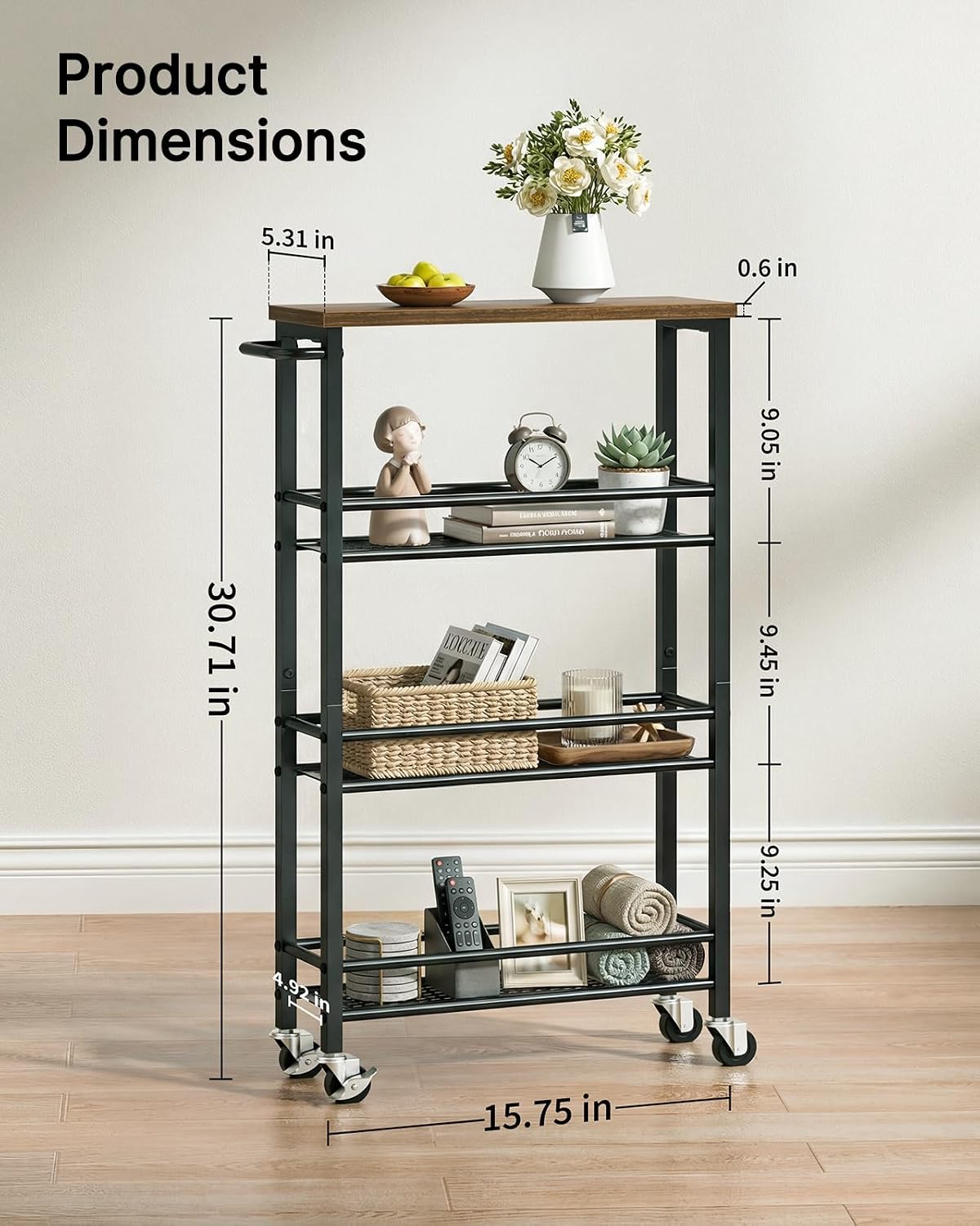 Pipishell Slim Storage Cart with Wheels - 4 Tier Rolling Kitchen Storage Cart with Handle and Wood Top, Metal Slim Bathroom Cart for Laundry Room, Bathroom, Kitchen, Narrow Space, Black & Rustic Brown