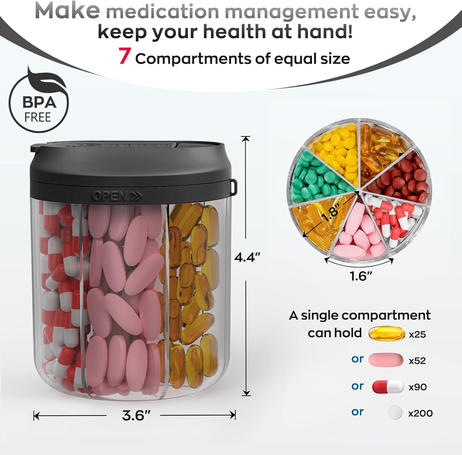 Pill Dispenser with 7 Large Compartments, 4.4" H x 3.6" Dia Pill Organizer for Travel, Supplement Organizer with Anti-Mixing Design, BPA-Free Pill Container with 20 Pcs Labels, Black
