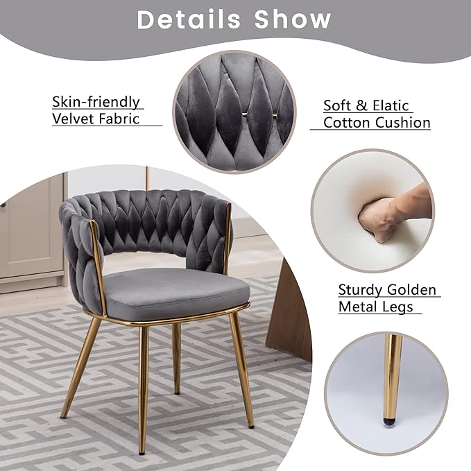 KCC Velvet Dining Chairs Set of 6, Gold Modern Dining Chair with Metal Legs, Woven Upholstered Dining Chairs for Dining Room, Kitchen, Vanity, Living Room (Gray)