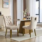 Beige Velvet Dining Chairs Set of 2, Upholstered Dining Room Chairs with Lion Head Pulls Ring and Golden Solid Wood Legs, Modern Button Tufted Kitchen Chairs for Dining Room, Kitchen(Beige)