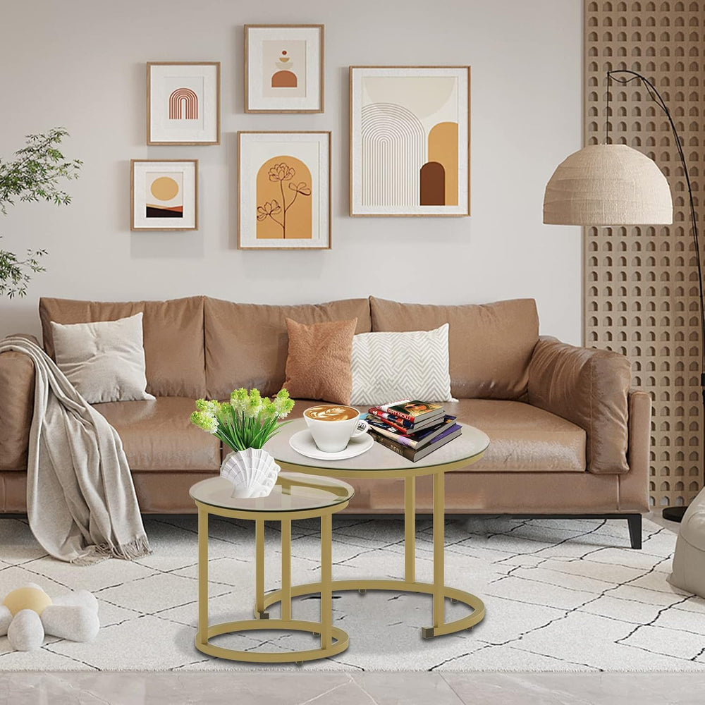 aboxoo Gold Nesting Coffee Table Set of 2, Small Glass Round Nesting Tables f...