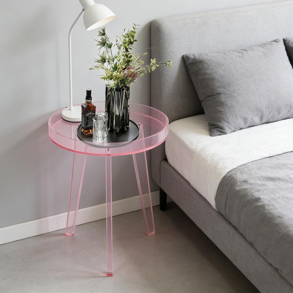 Clear Acrylic Side Table, Modern End Table with Storage Shelf, Small Round Be...