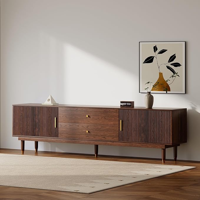 Mid Century Modern TV Stand for 90 inch TV, 78.7" Walnut TV Console with 2 Storage Cabinet & 2 Drawers, Entertainment Center, Media Console for Living Room/Bedroom