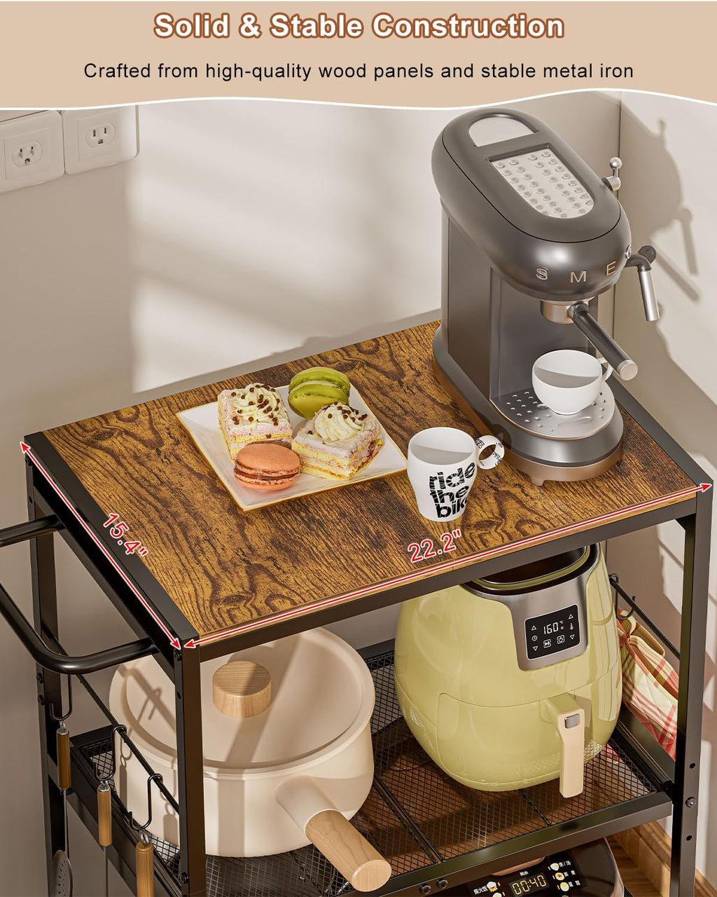 Feyejade 3-Tier Rolling Kitchen Cart with Storage, Compact Metal Island | Compact size for pantry storage, adjustable shelf utility cart, pull out drawer, microwave stand table top open shelving