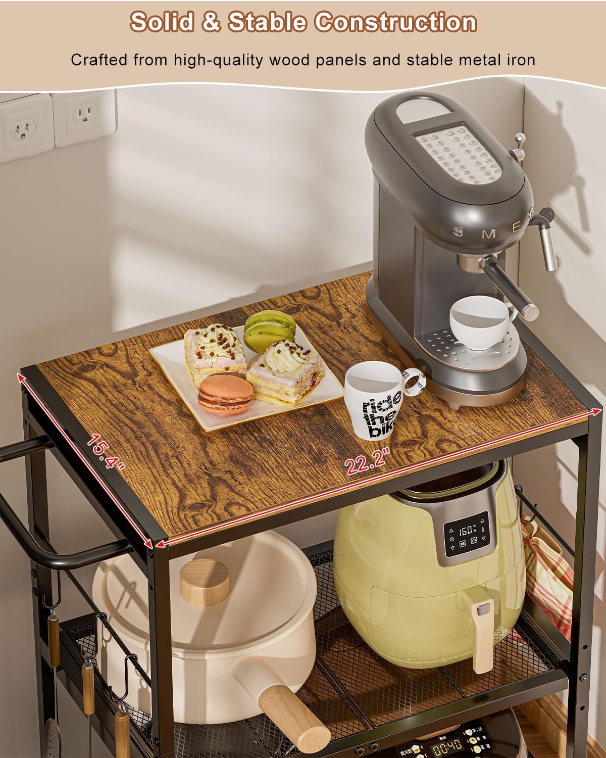 Feyejade 3-Tier Rolling Kitchen Cart with Storage, Compact Metal Island | Compact size for pantry storage, adjustable shelf utility cart, pull out drawer, microwave stand table top open shelving
