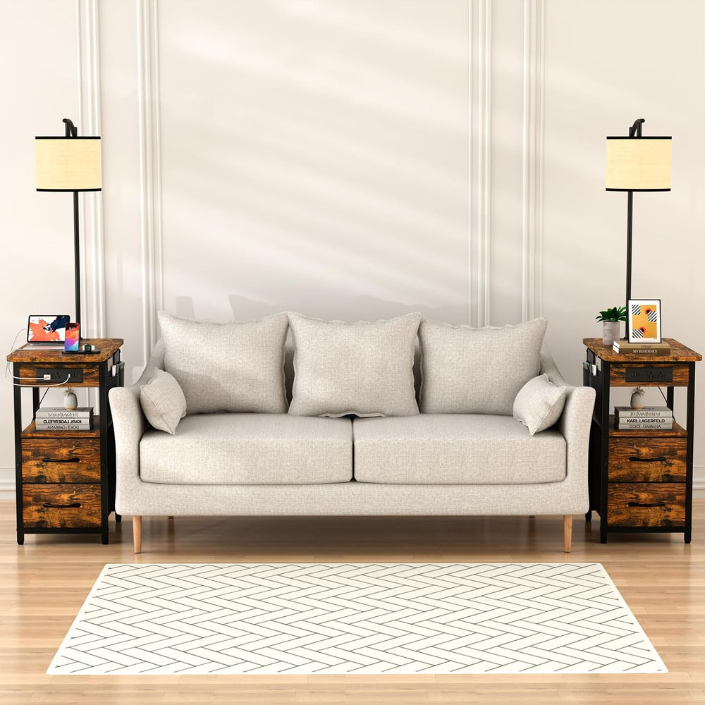 Floor Lamp with Table, Nightstand with Lamp, 2 Drawers, Charging Station
