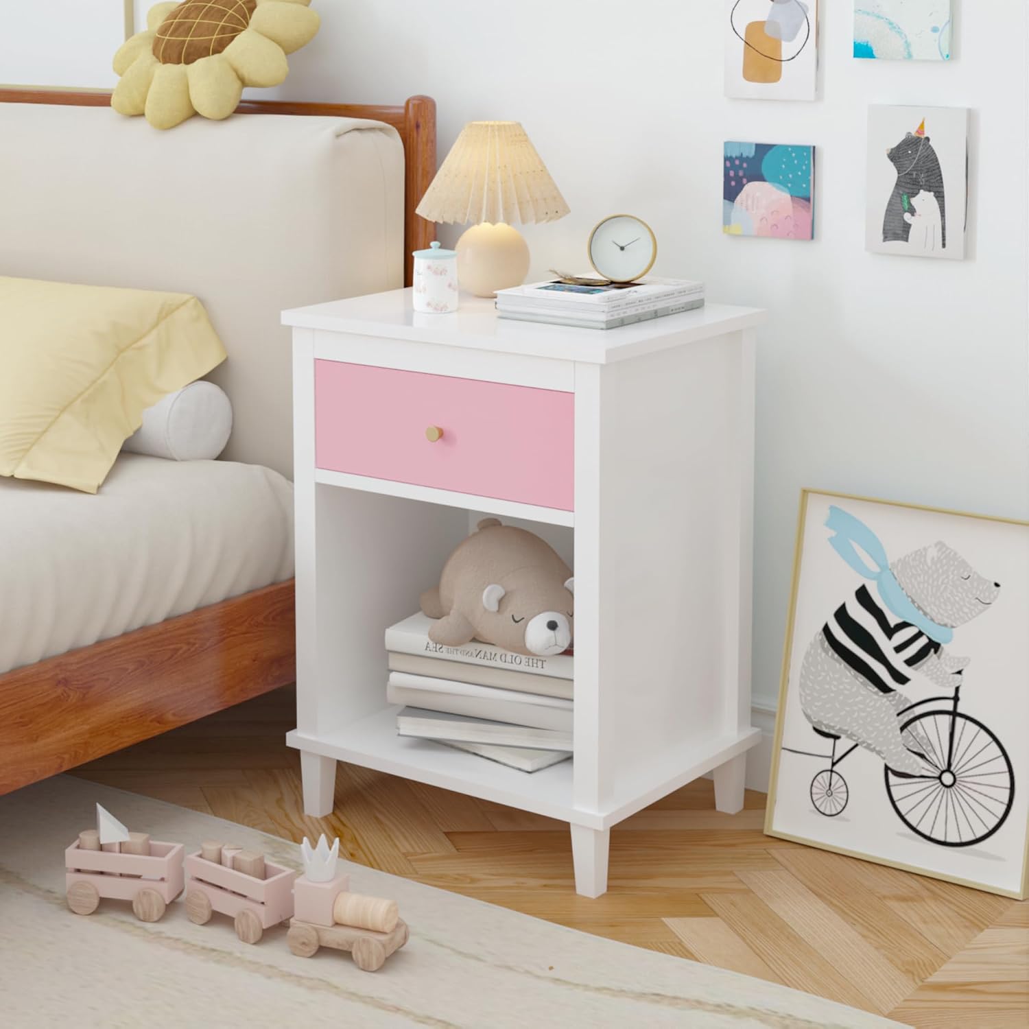 26.77"H Wooden Nightstand with Drawer & Open Shelf, Bedside End Table | Compact Storage Side Table Fits Bedrooms, Dorms for Kids and Adults Daily Use