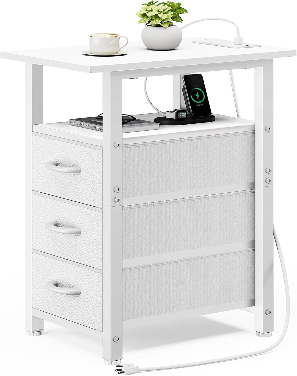 Vagusicc White End Table with Charging Station, Narrow Side Table, Narrow Nig...