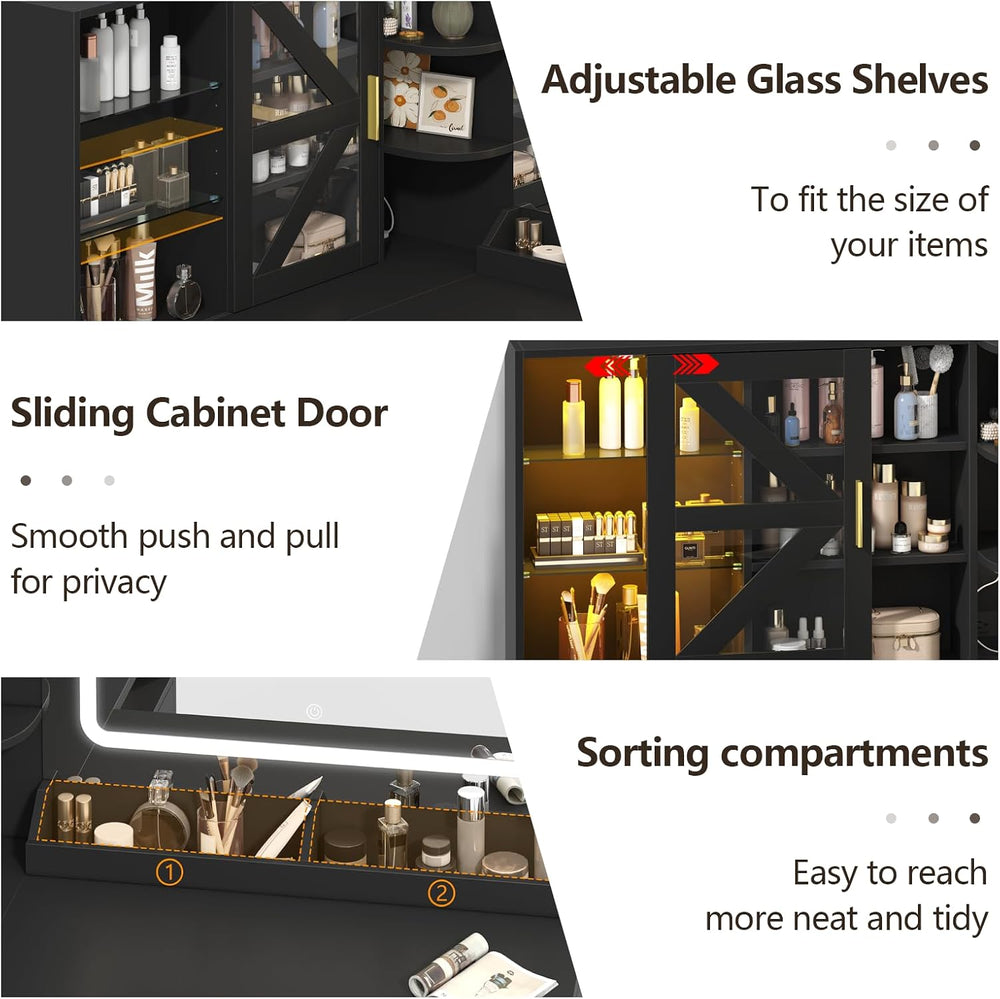 Black L-Shaped Corner Vanity with LED Lighted Mirror & Open Storage Shelv...