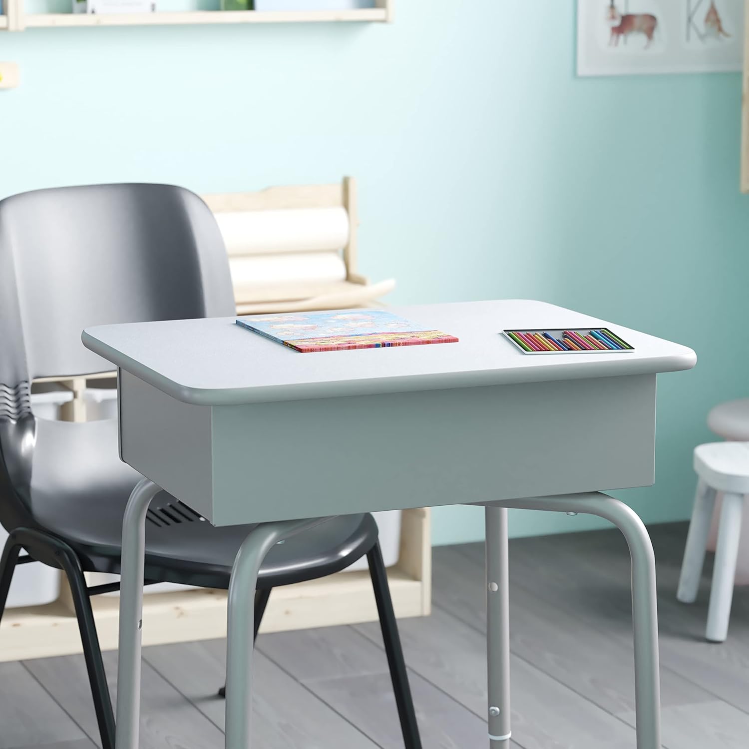 EMMA + OLIVER Buckley Student Desk - Gray Faux Granite Finished Top - Silver Metal Frame - Open Front Book Box - Pencil Storage Grooves