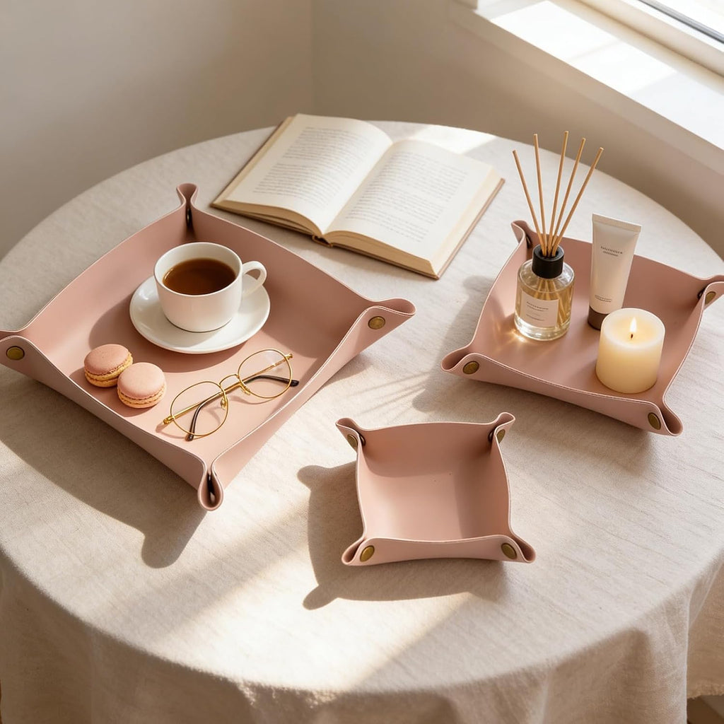 3 packs PU Leather Tray in 3 Sizes Jewelry Tray Glossy Leather Desk Organizer Leather Catchall Tray for Jewelry/Key/Coin/Sun Glasses/Watch/USB Cables etc. (Morandi Pink)