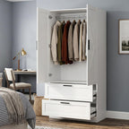 WOODTIME 70.9" Tall Armoire Wardrobe Closet with 2 Drawers, 2 Doors & Hanging Rod, 31.5" W Farmhouse Wooden Wardrobe Clothes Storage Cabinet for Bedroom Apartment, White