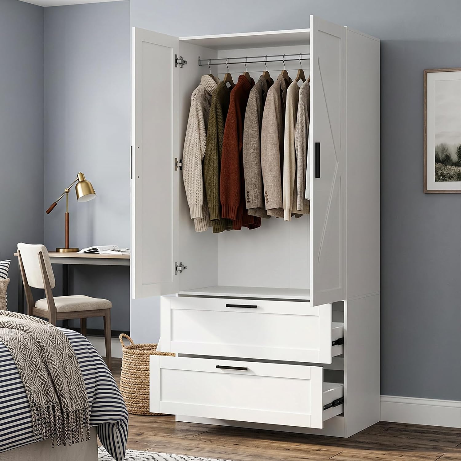 WOODTIME 70.9" Tall Armoire Wardrobe Closet with 2 Drawers, 2 Doors & Hanging Rod, 31.5" W Farmhouse Wooden Wardrobe Clothes Storage Cabinet for Bedroom Apartment, White