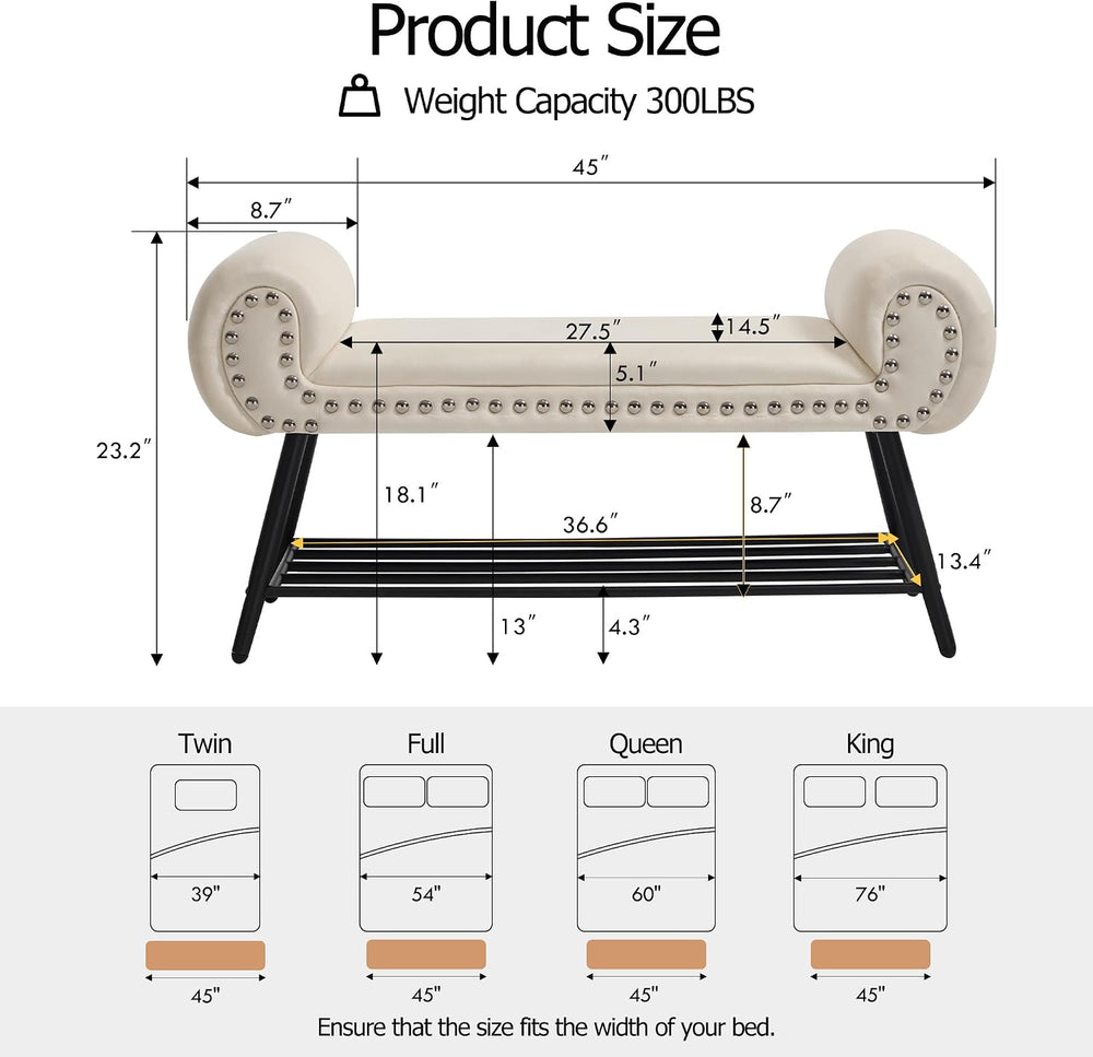 45" Upholstered Storage Shoe Bench, Velvet Fabric End of Bed Bench with ...