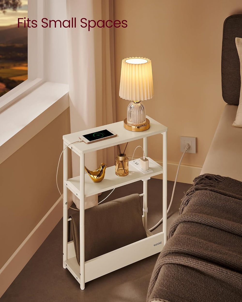 VASAGLE Side Tables with Charging Station, Set of 2 Narrow End Tables, 3-Tier...