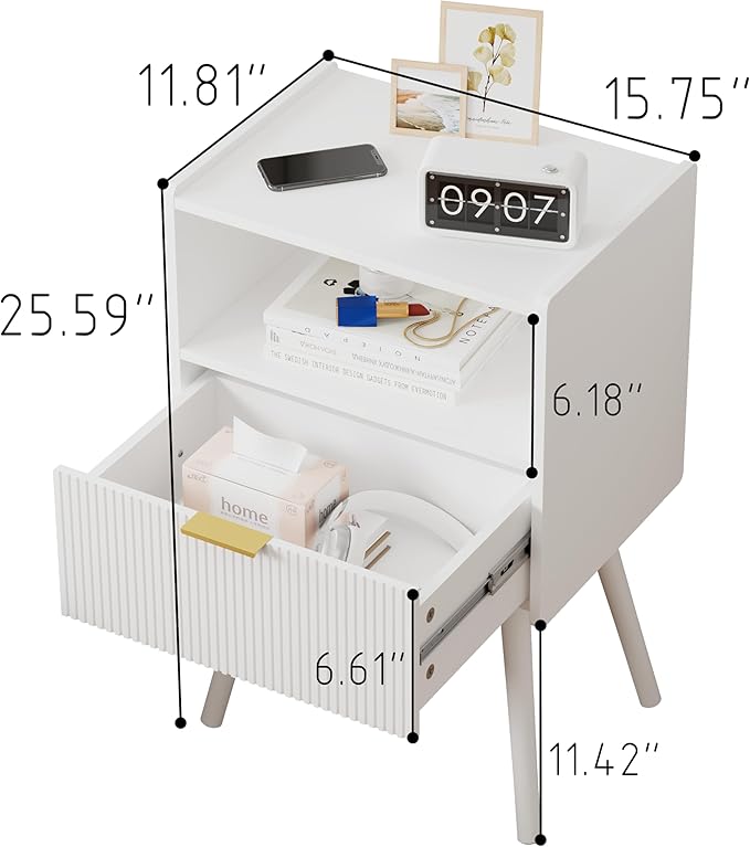 White Nightstand,Modern Bedside Table with Storage Drawer and Open Wood Shelf...