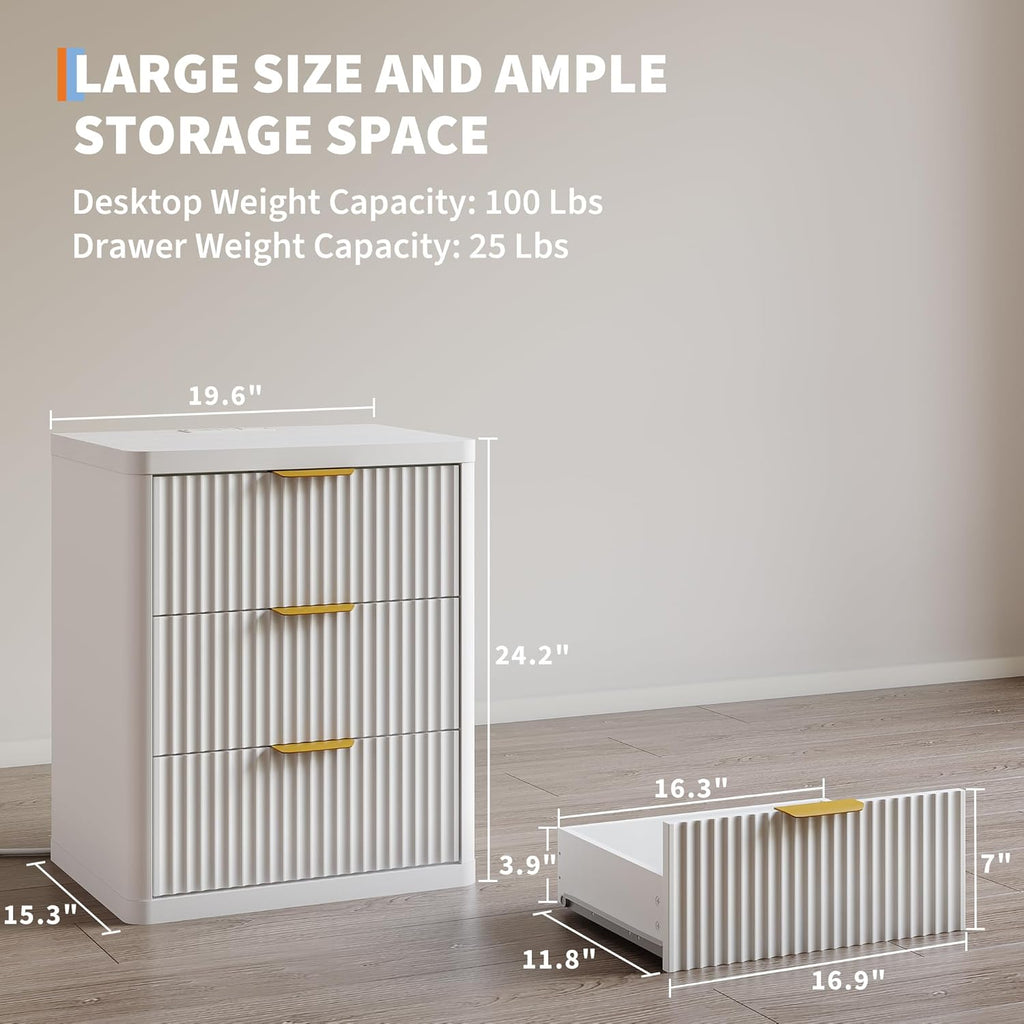 Fluted Nightstand Set of 2 with Charging Station, Bedside Table with 3 Drawers Storage Space, Metal Handles and Rounded Corners for Safety, Mid Century Modern End Table, for Bedroom, Living Room
