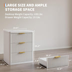 Fluted Nightstand Set of 2 with Charging Station, Bedside Table with 3 Drawers Storage Space, Metal Handles and Rounded Corners for Safety, Mid Century Modern End Table, for Bedroom, Living Room