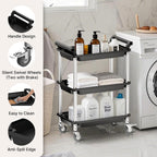 3 Tier Rolling Cart,Plastic Utility Cart with Handle,Rolling Carts with Wheels,Utility Cart with Lockable Casters, Multi-Functional Organizer Cart for Bedroom, Living Room, Kitchen,Office(Black)
