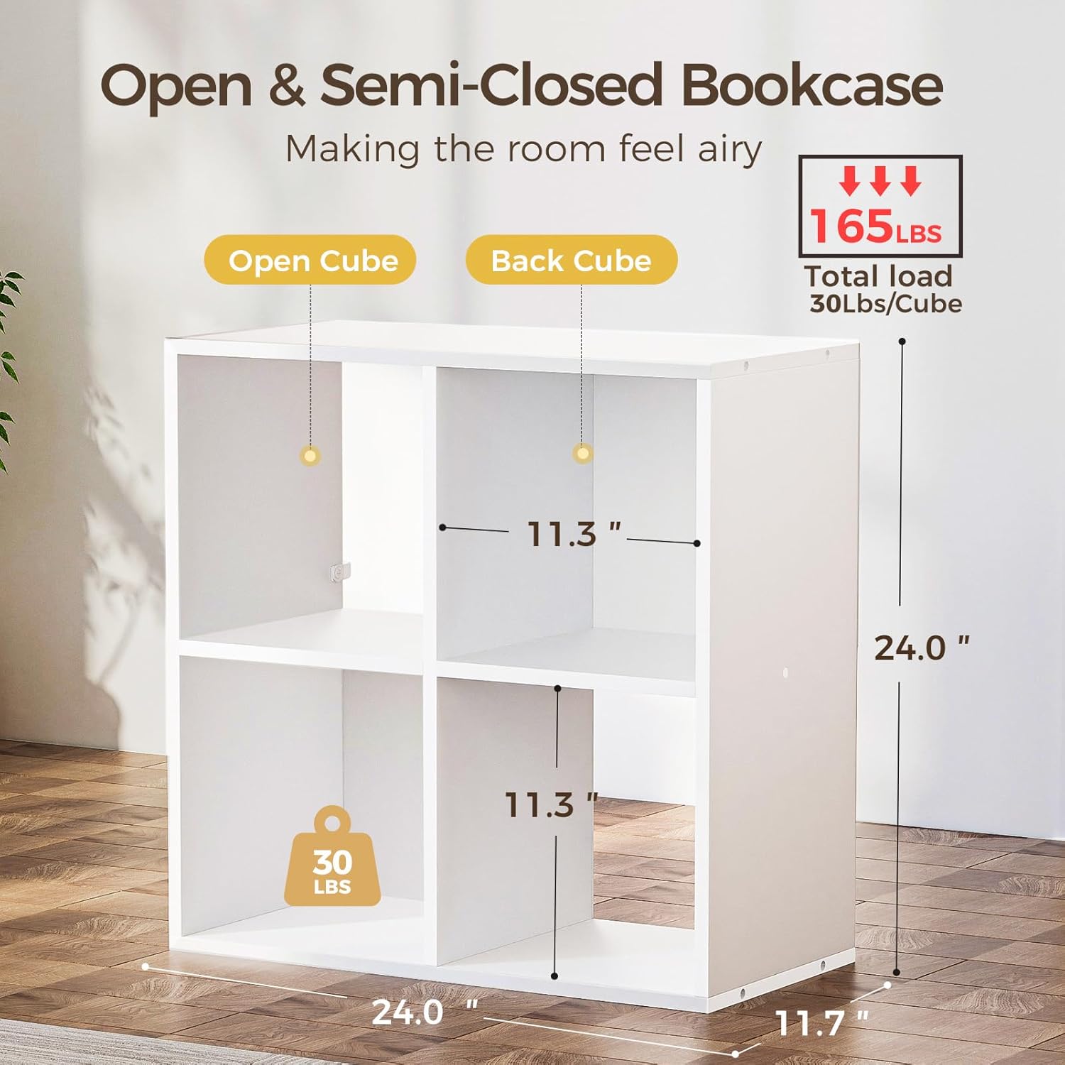 COMHOMA 4 Wood Cube Storage Organizer with Open Back and Removable Back Panels, 11In White Cube Storage Bookshelf, Cubicle Shelf Bookcase for Home Office Bedroom Living Room, Vertical or Horizontal