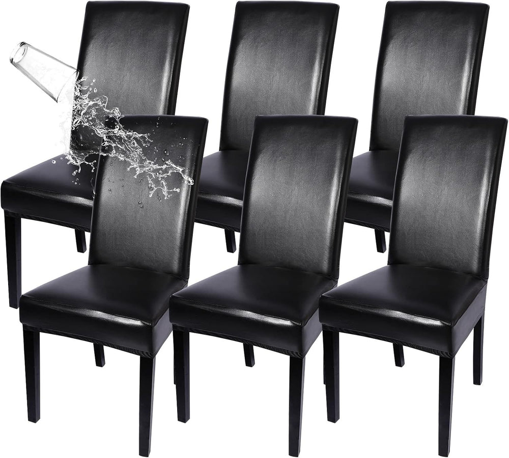 SearchI Waterproof PU Leather Dining Chair Covers Stretch, Set of 6, Black