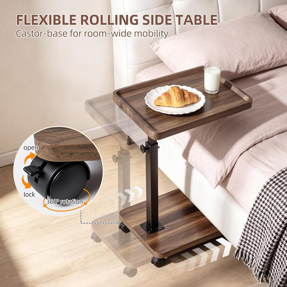 TV Tray Table with Wheels, 360° Swivel C Shaped, Walnut