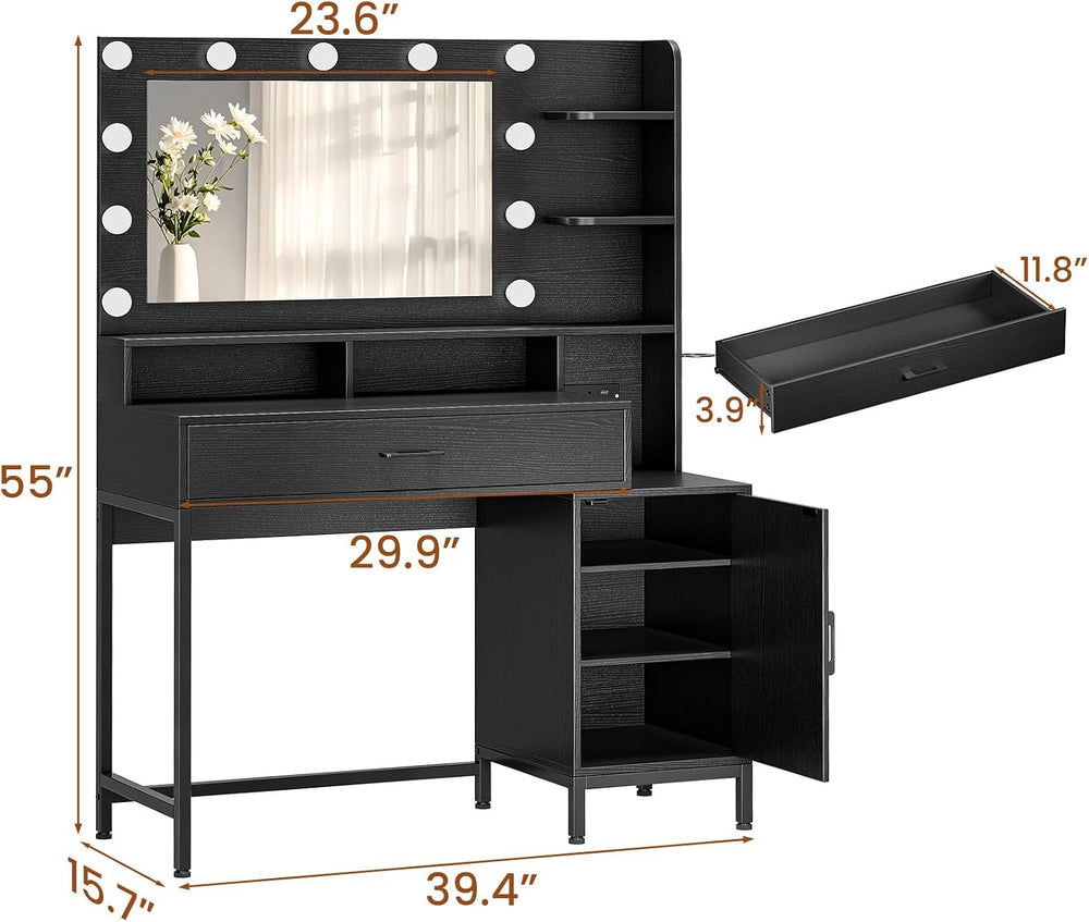 Driftalia Black Makeup Vanity Desk with Mirror and Lights for Bedroom | Integ...