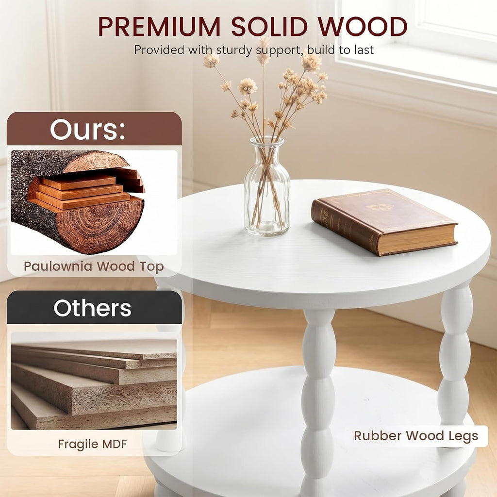 Small Round Side Table, 3-Tier Solid Wood End Table with Storage Shelf, Modern Bedside Tables Night Stand for Living Room, Bedroom, College Dorm, Small Space (White)