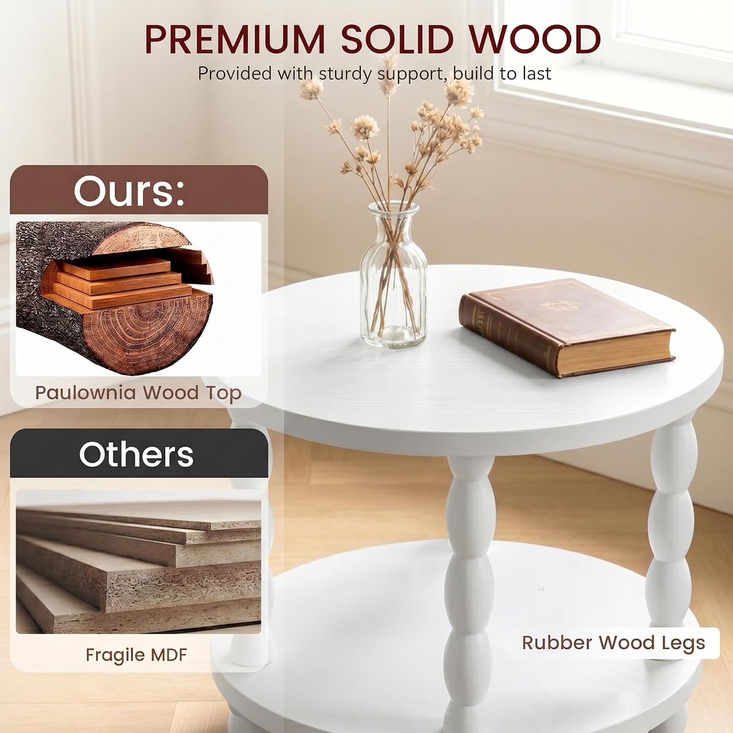 Small Round Side Table, 3-Tier Solid Wood End Table with Storage Shelf, Modern Bedside Tables Night Stand for Living Room, Bedroom, College Dorm, Small Space (White)