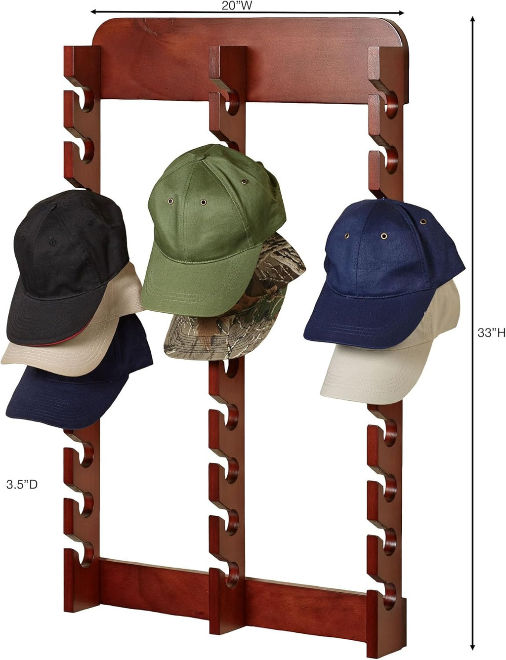 Touch of Class Wooden Ball Cap Display Wall Rack - Classic Cherry - Triple, 30 Slots - Baseball Hat Display - Made of Wood - Class Racks for Hats - Organizer for Bedroom, Living Room, Entryway