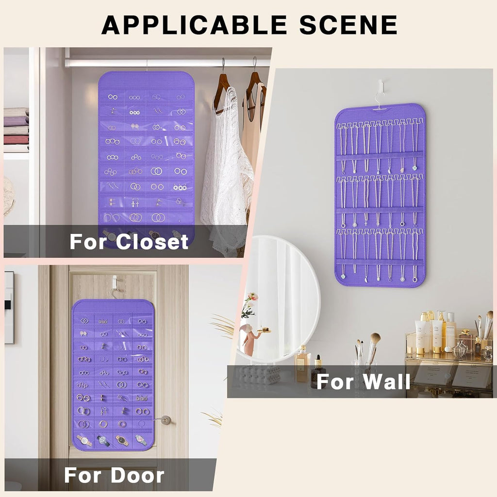 Hanging Jewelry Organizer Storage, 40 Pockets 36 Hooks Necklace Earring Necklace Bracelet Ring Organizer, Double - Sided Design, Purple