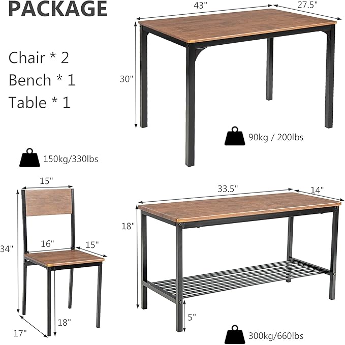 Giantex Dining Table Set for 4, 43" Kitchen Table and Chairs, Dining Bench with Metal Frame & Storage Rack, 4-Piece Modern Functional Desk Set for Dinette, Small Space, Apartment, Restaurant, Walnut