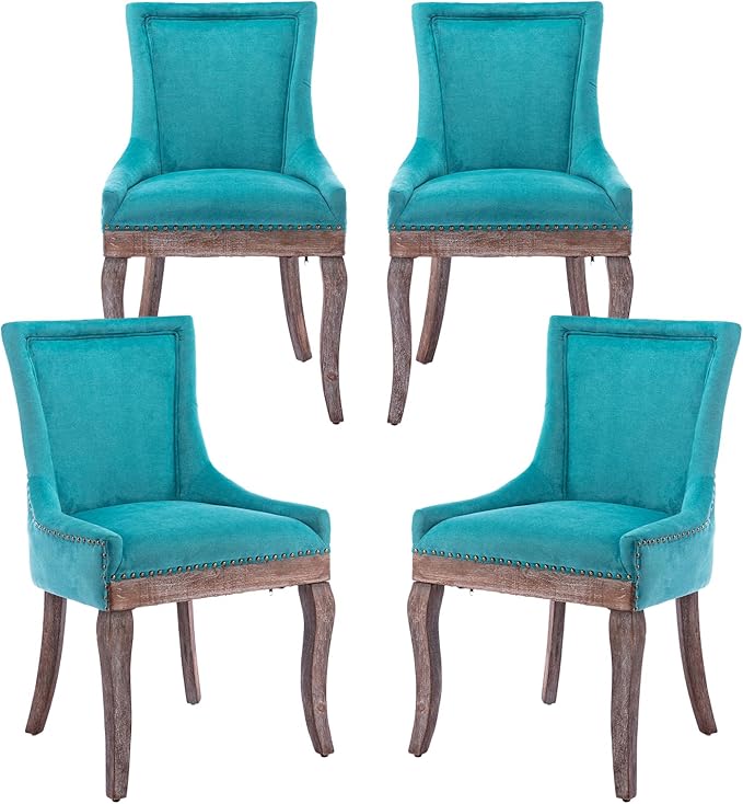Modern Dining Chairs Set of 4, High Back Dining Chairs Side Chairs with Solid Wood Legs, Upholstered Fabric Dining Room Chairs for Dining Room Kitchen, Lake Blue