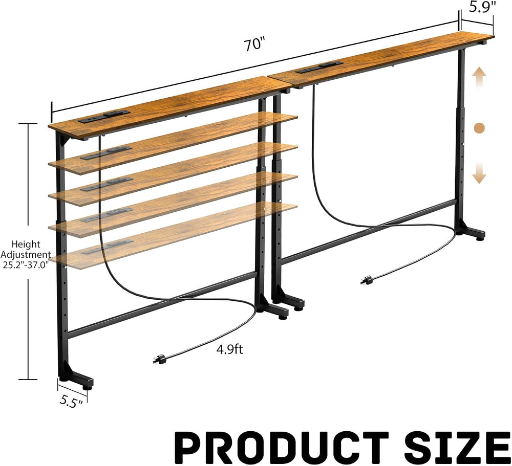 Adjustable Height Narrow Sofa Table with Built-in Power Outlets, 70" Lon...