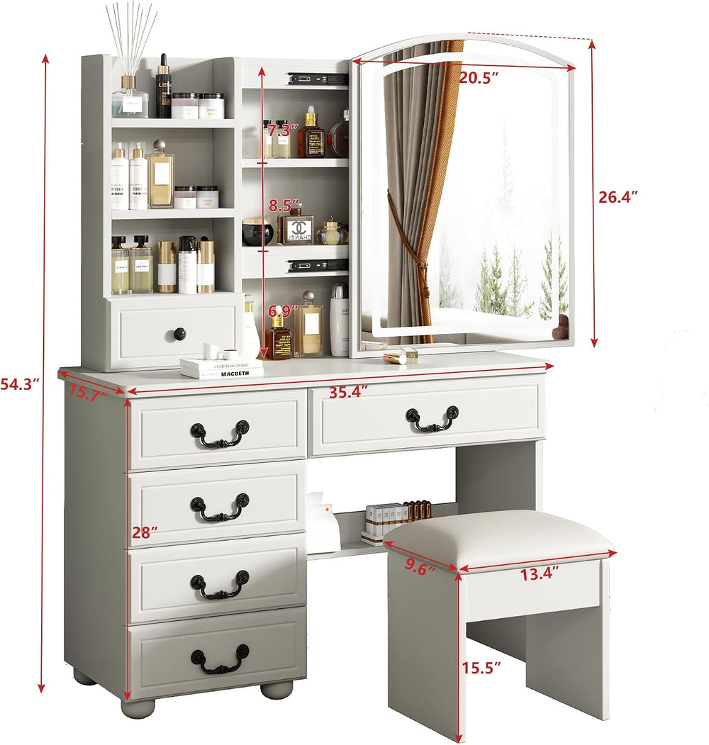 Vanity Desk Set with Lighted Mirror and Upholstered Stool, Vanity Table with ...