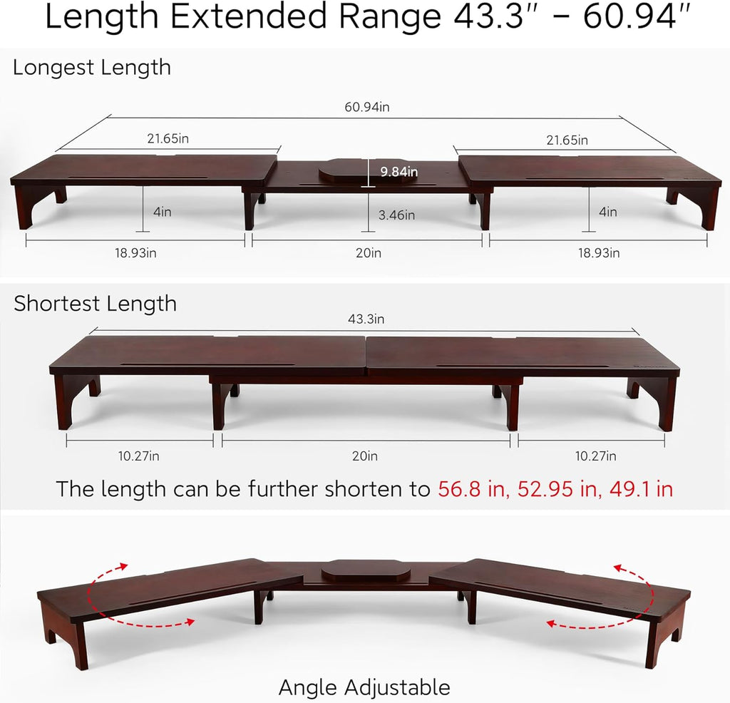 Nnewvante Monitor Stand Riser, Upgrade Height Large TV Riser, 60 inch Large Bamboo Dual Monitor Stand for Desk, 3 Shelves Desktop Screen Riser with Adjustable Length Angle for Computer Laptop Walnut