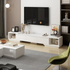 Expandable TV Stand Media Console Table, Modern Entertainment Center with Three Drawers and Two Open Shelves for Living Room, White (65.4-106.3”W x 15.7”D x 15.4”H)