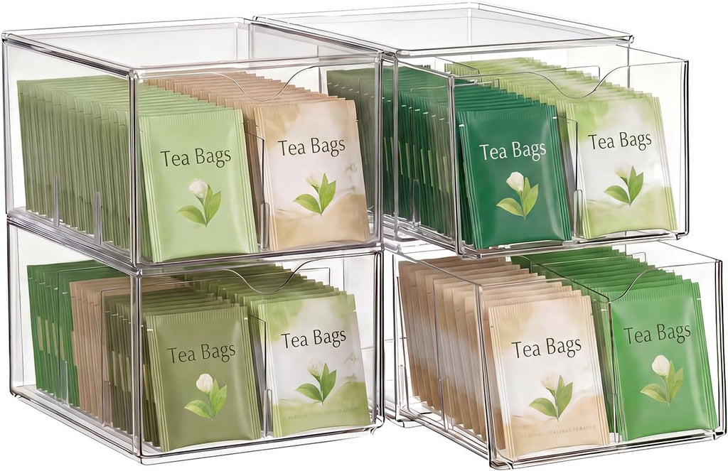 4 Pack Clear Tea Bag Organizers with Adjustable Dividers, Stackable Tea Drawer Organizer Box for Pantry, Coffee Bar, Kitchen Cabinet, Acrylic Food Storage Bins for Snacks, Sugar & Spice Packets