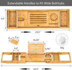 Bamboo Bathtub Tray for Luxury Bathroom, Expandable Premium Bath Tray w/Soap Towel Book Holder, Adjustable Bath Accessories for Tub,Extendable Tub Tray w/Wine Glass Cup Organizer 29.5"-43.3" Nature