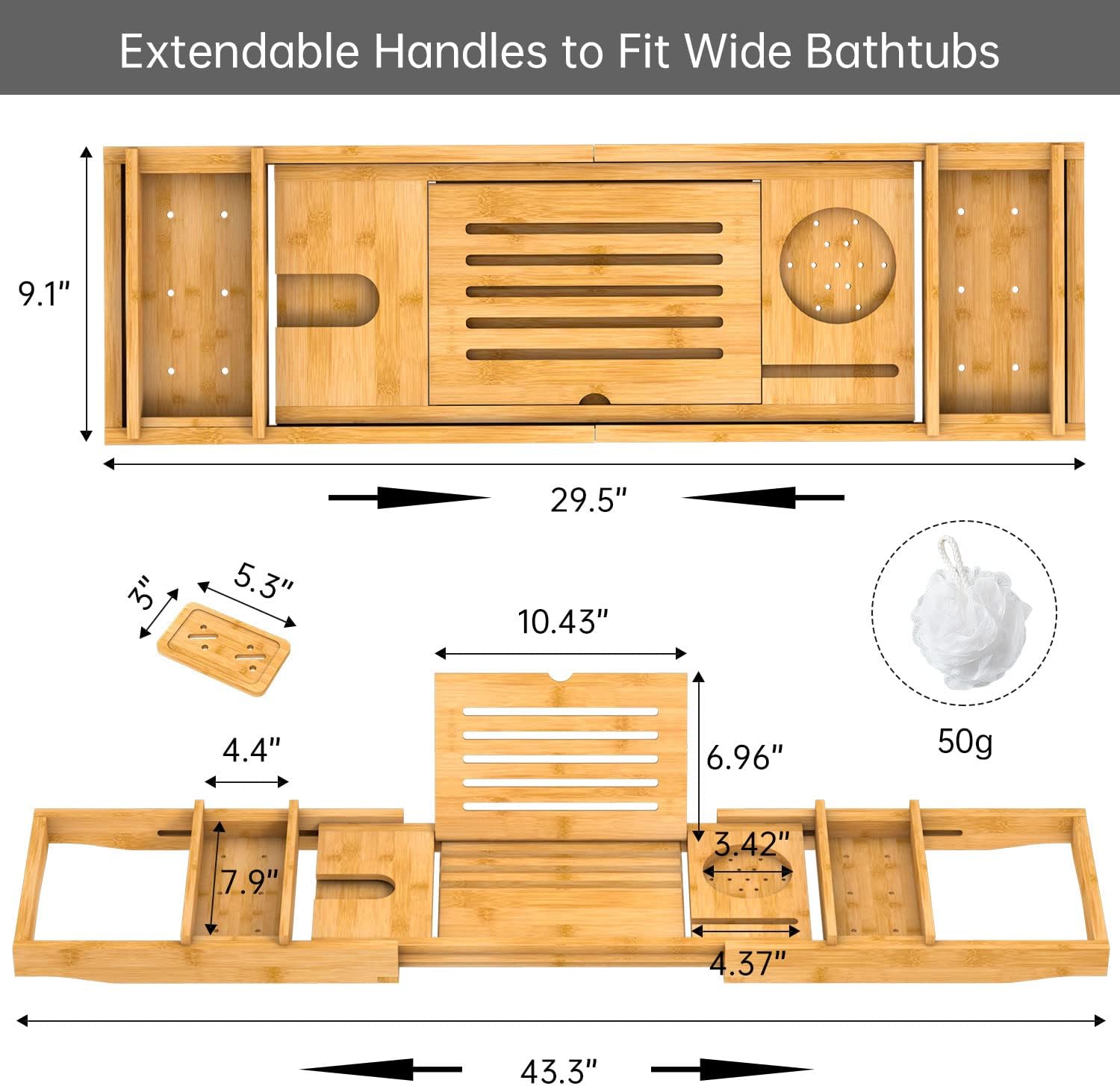 Bamboo Bathtub Tray for Luxury Bathroom, Expandable Premium Bath Tray w/Soap Towel Book Holder, Adjustable Bath Accessories for Tub,Extendable Tub Tray w/Wine Glass Cup Organizer 29.5"-43.3" Nature