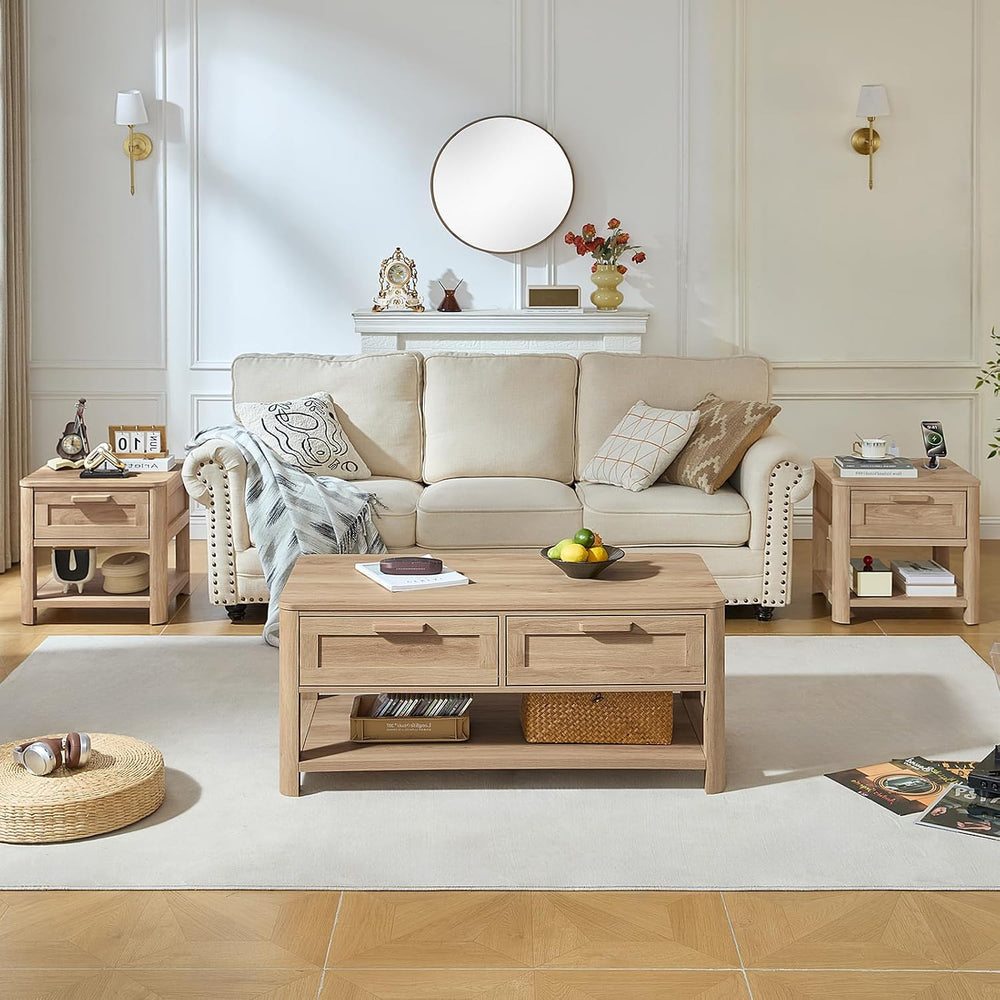 Joaxswe Farmhouse Coffee Table Set of 3, Natural Wood | Livng Room Table Sets...