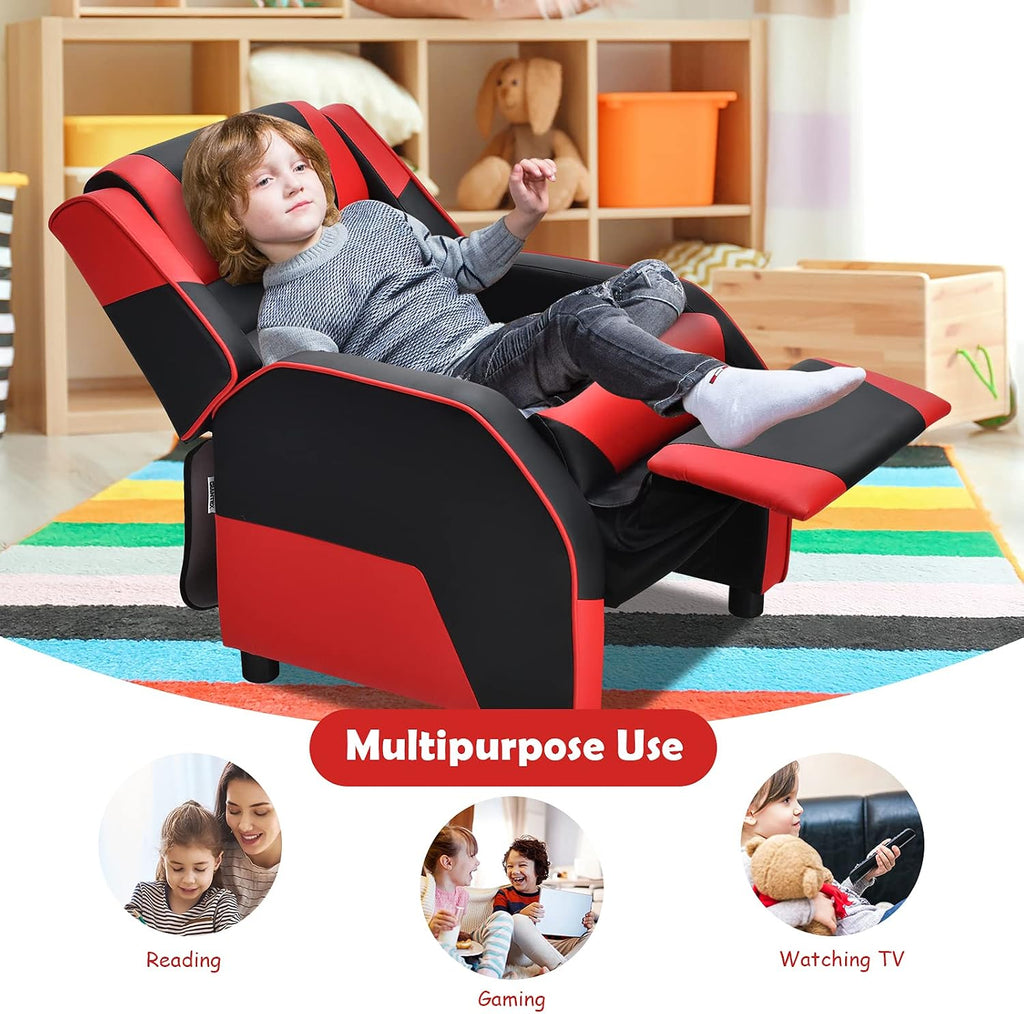 Kids Recliner, PU Leather Kid Lounge Chair w/Footrest, Armrest, Headrest & Lumbar Support, Adjustable Gaming Toddler Sofa Armchair for Boys Girls (Red)