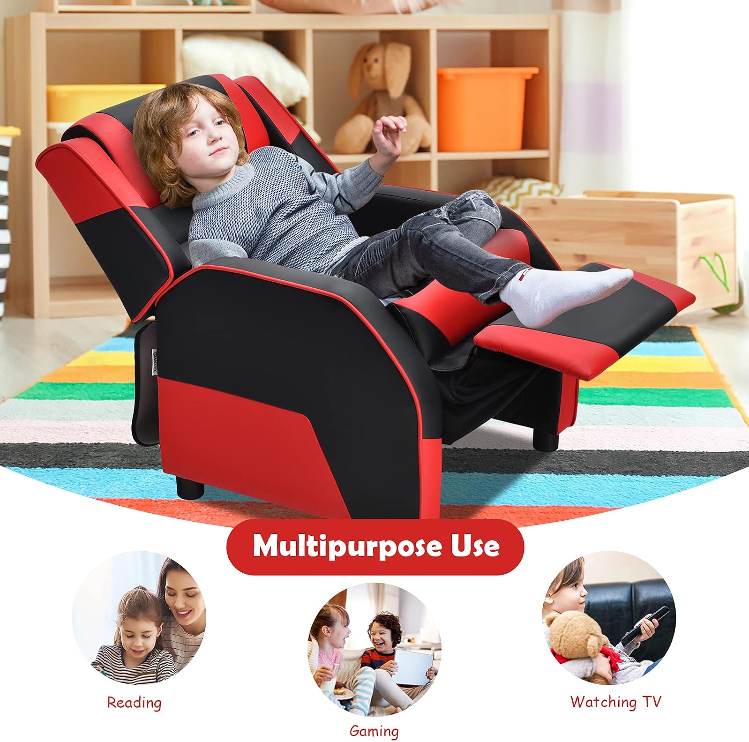 Kids Recliner, PU Leather Kid Lounge Chair w/Footrest, Armrest, Headrest & Lumbar Support, Adjustable Gaming Toddler Sofa Armchair for Boys Girls (Red)