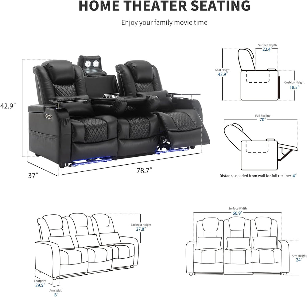 Airadlis Dual Power Home Theater Seating with 7-Color LED, Black, Row of 3 | ...