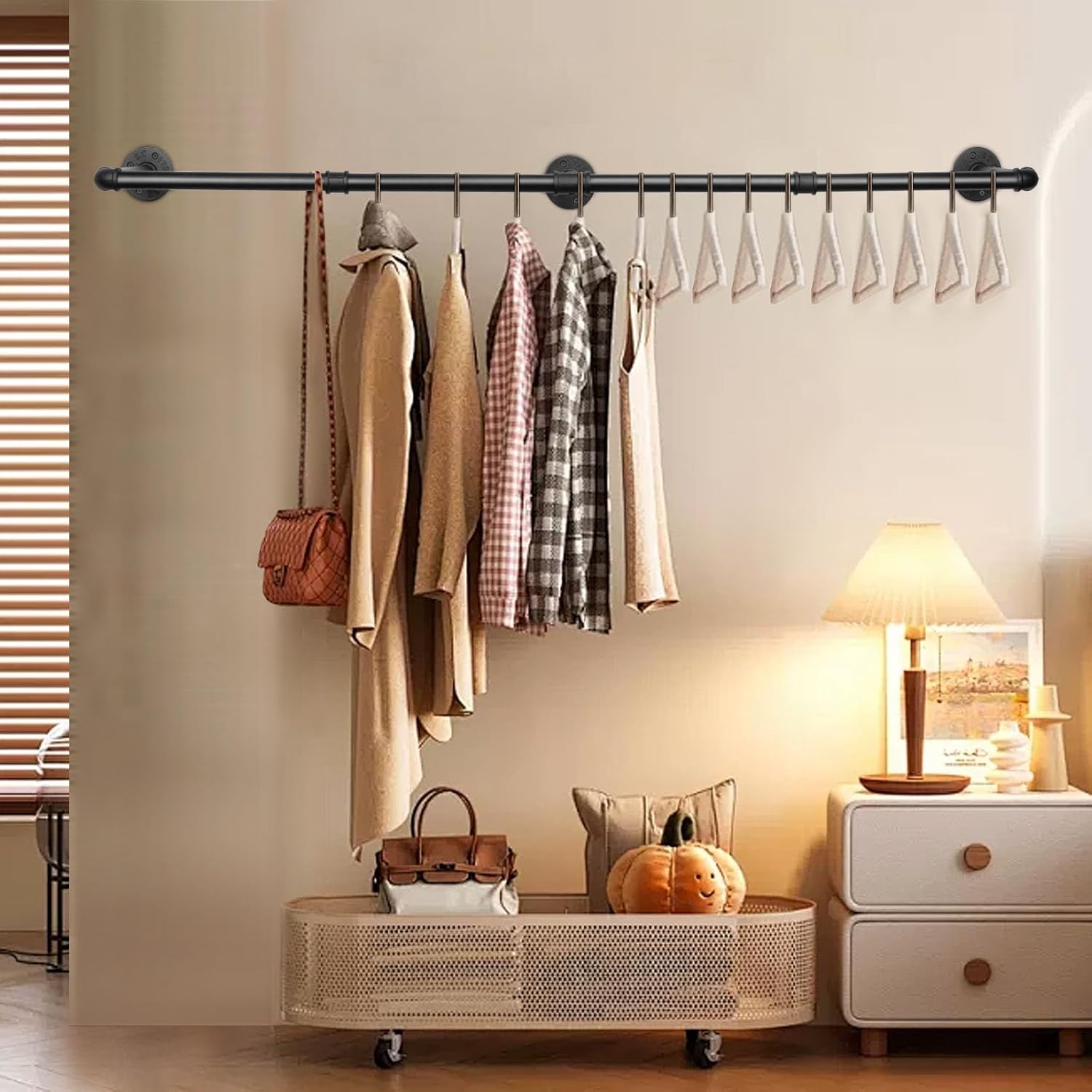 Industrial Iron Pipe Clothes Hanging Bar DIY Wall-Mounted Garment Rack Heavy Duty Clothing Rack for Bedroom, Laundry Room, Closet Storage (Black 50 inch)