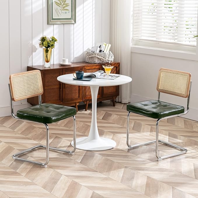 Zesthouse Natural Rattan Dining Chairs Set of 4, Modern Dining Room Chairs with Solid Wood Back for Kitchen Living Room, Mid Century Breuer Design Inspired, Upholstered Faux Leather Green
