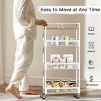 DGSNADGO Slim Rolling Storage Cart, 4-Tier Kitchen Cart on Wheels, Narrow Utility Cart with Handle and Wooden Tabletop for Small Space in Kitchen, Living Room, Bathroom, Laundry Room, Beige and White